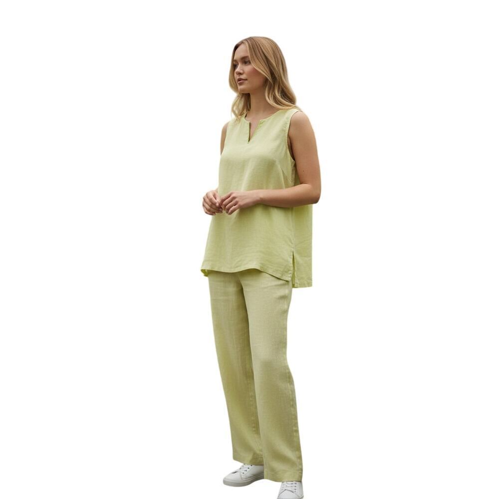 Linen Two Piece Set Sleeveless Top Wide Leg Pants Women 12 Yellow Summer relax